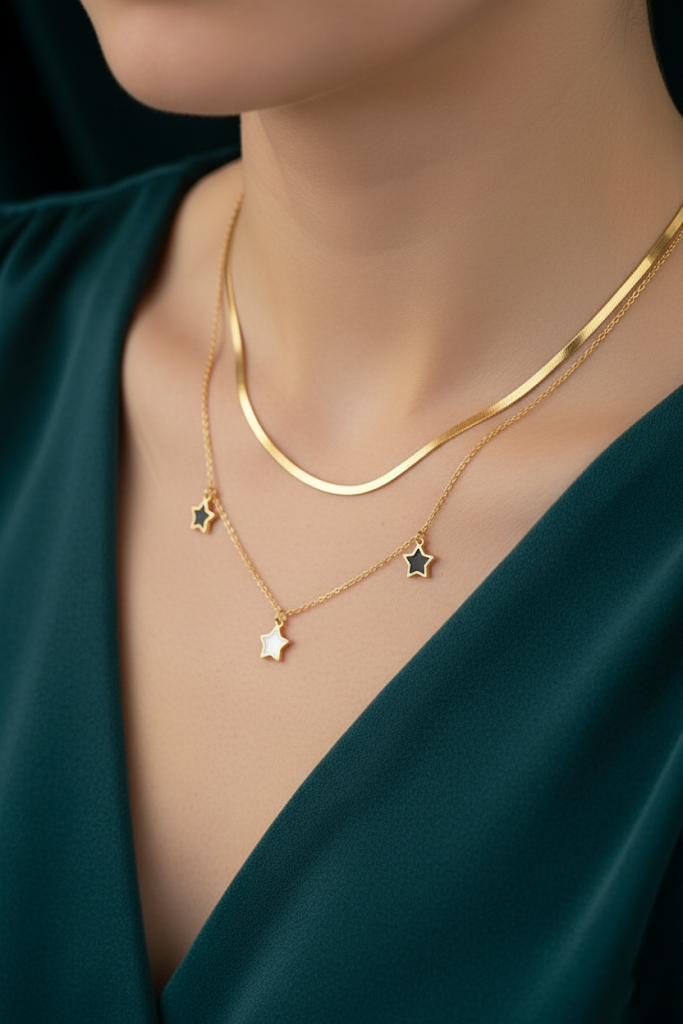 Women's Necklace Double Layer Star & Flat Chain
