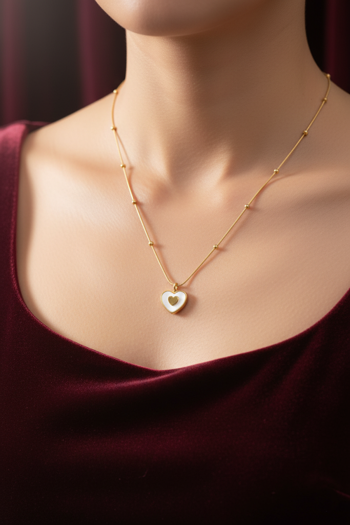 Women’s Necklace Double Heart Pendant White Enamel