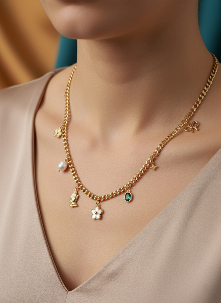 Women’s Necklace Floral Pearl Stone Pendant Layered