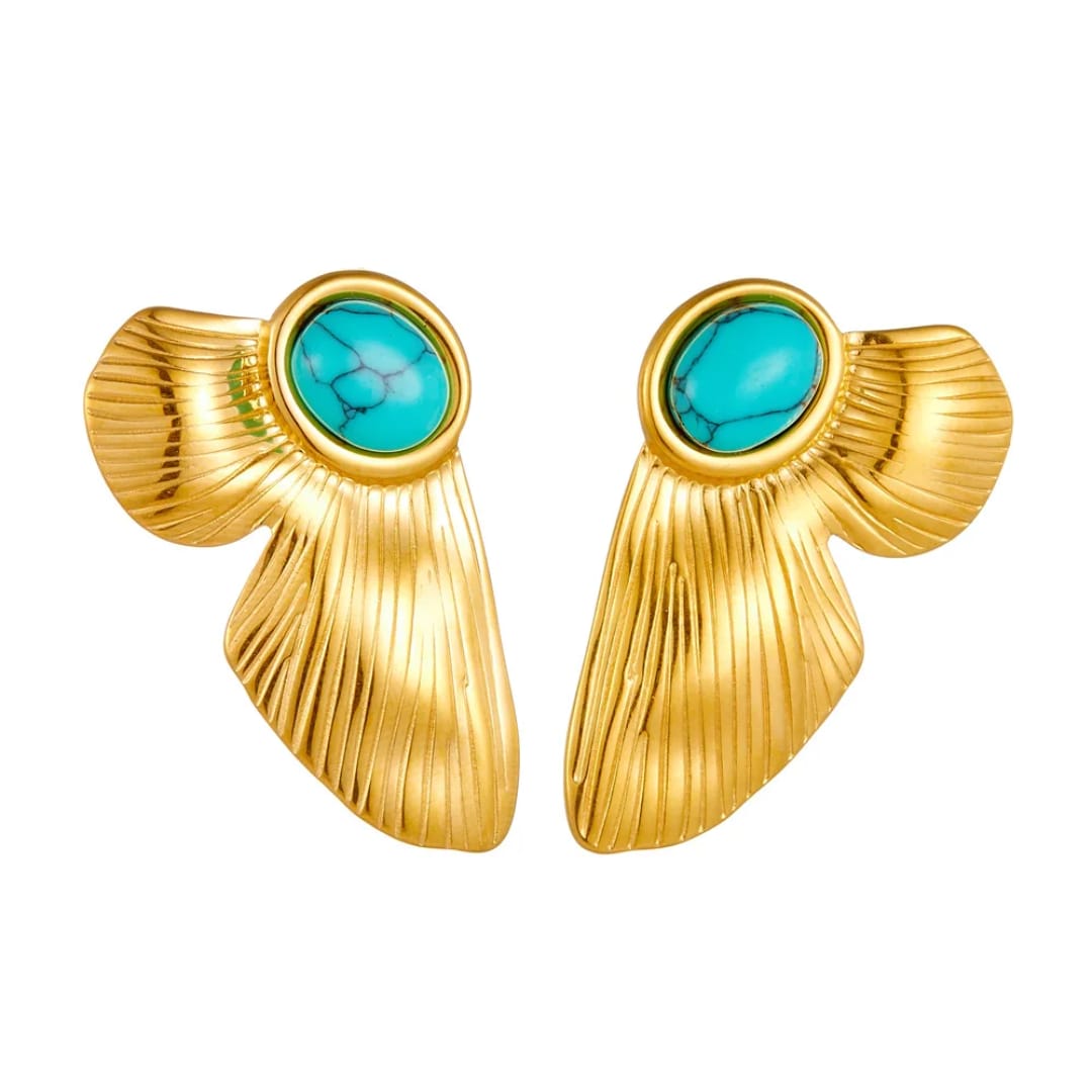Gold Leaf Design Earrings with Turquoise Stone