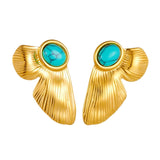 Gold Leaf Design Earrings with Turquoise Stone