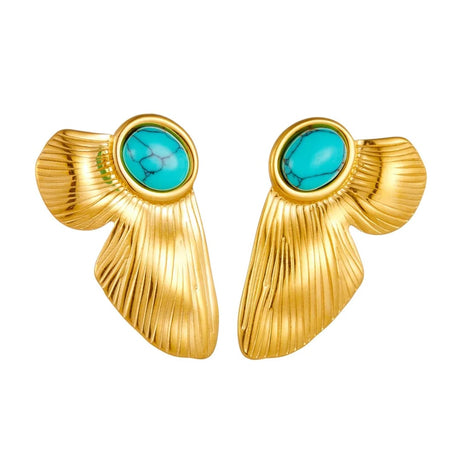 Gold Leaf Design Earrings with Turquoise Stone