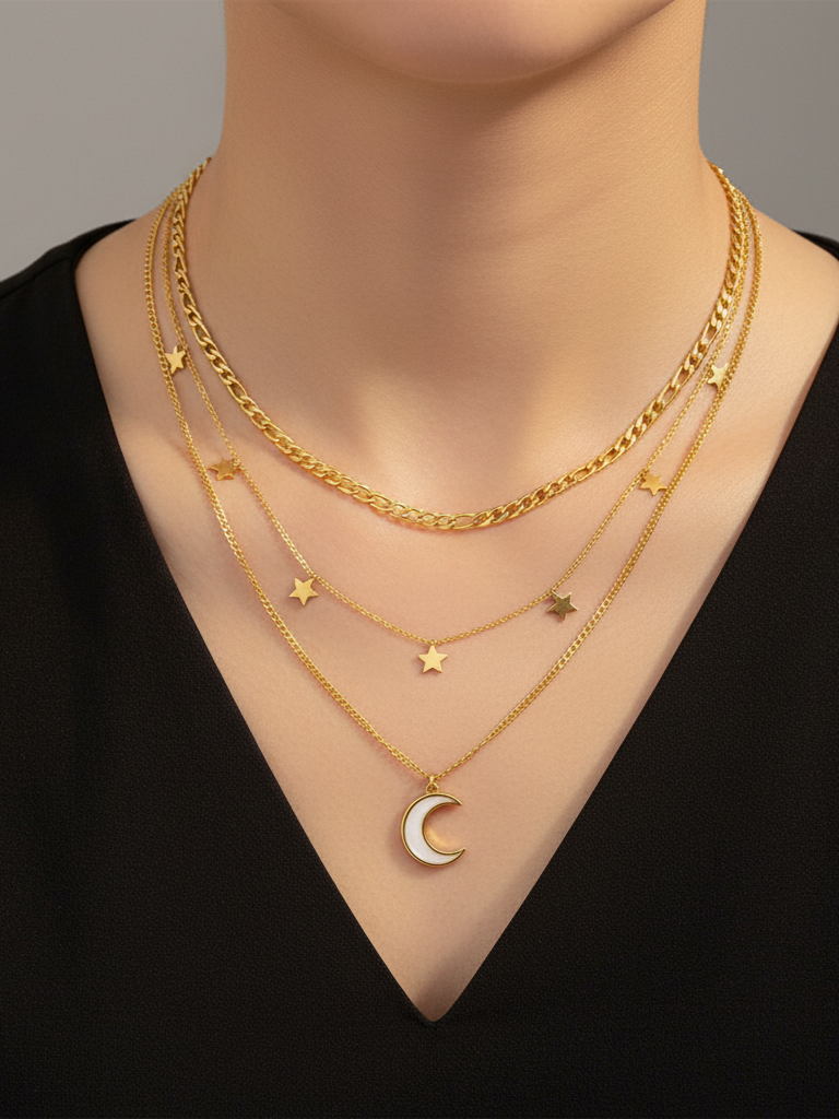 Women’s Necklace Layered Moon and Stars Design