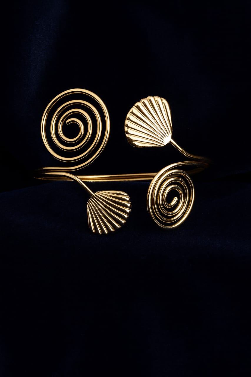 Gold-Plated Spiral and Leaf Cuff Bracelet