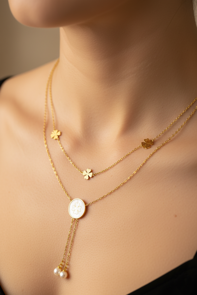Women’s Necklace Double Layer Clover and Pearl