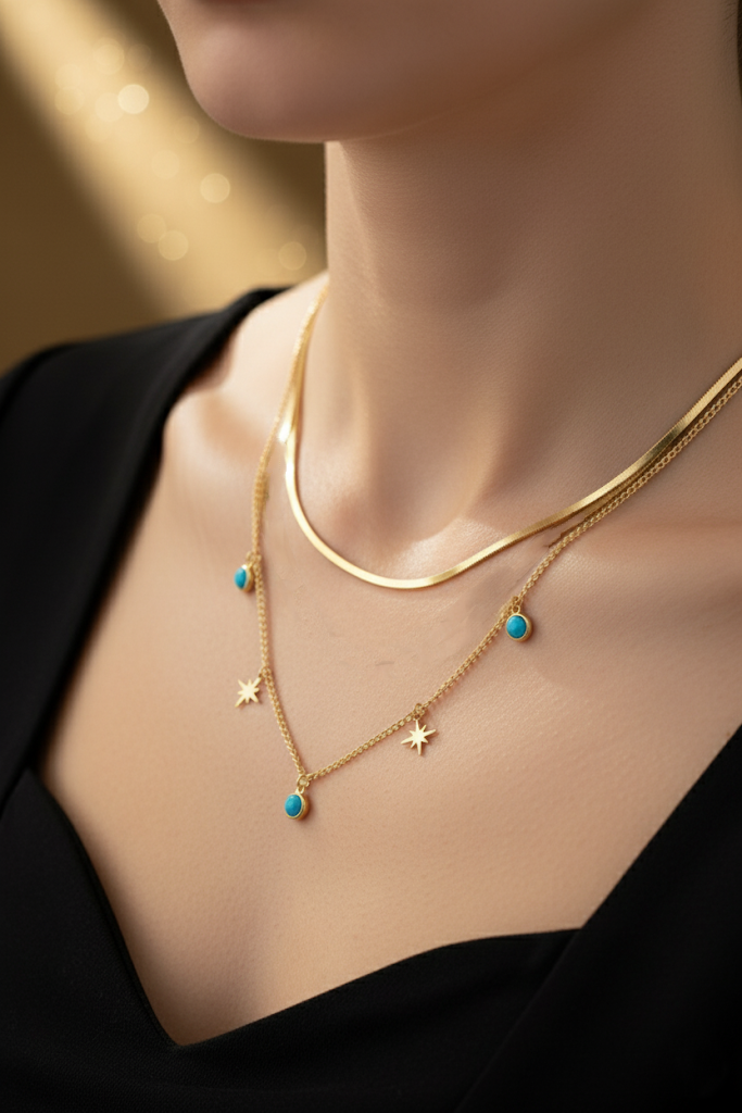 Women’s Necklace Layered Snake Chain Stars Turquoise