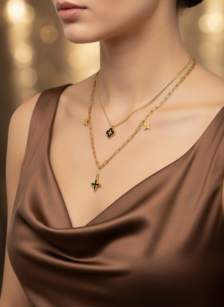 Women’s Necklace Black Enamel Clover Star Layered Pendant