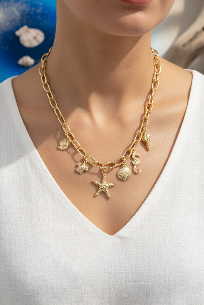 Women’s Necklace Golden Crystal-Studded Sea Charms