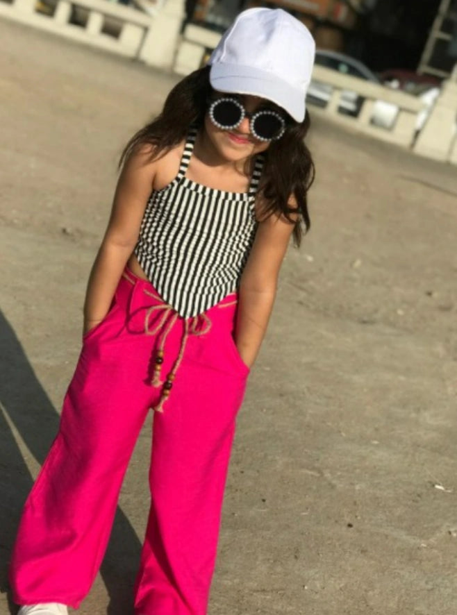 Rokido - 2-piece set: fuchsia linen pants and a striped halter top