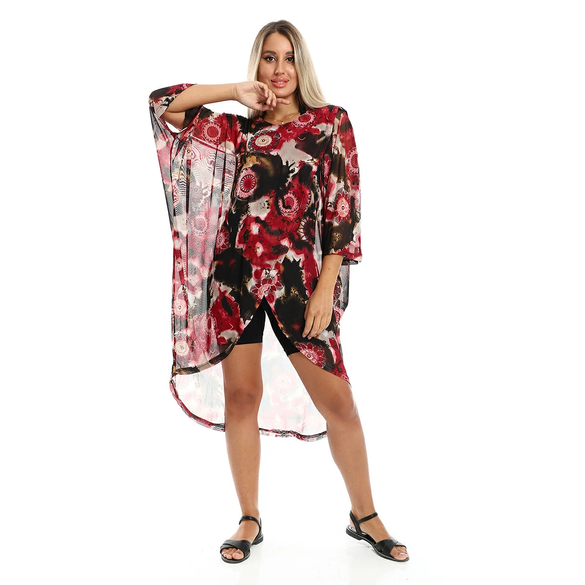 Red circle -  - Self Pattern Round Collar Cover-Up - Black