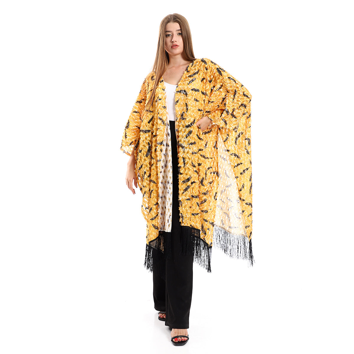 Red circle -  - Eyelash Open Neckline Cardigan With Decorated Fringes - Mustard