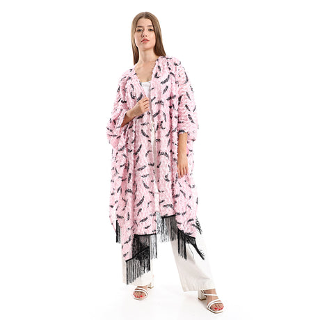 Red circle -  - Eyelash Open Neckline Cardigan With Decorated Fringes - Mustard