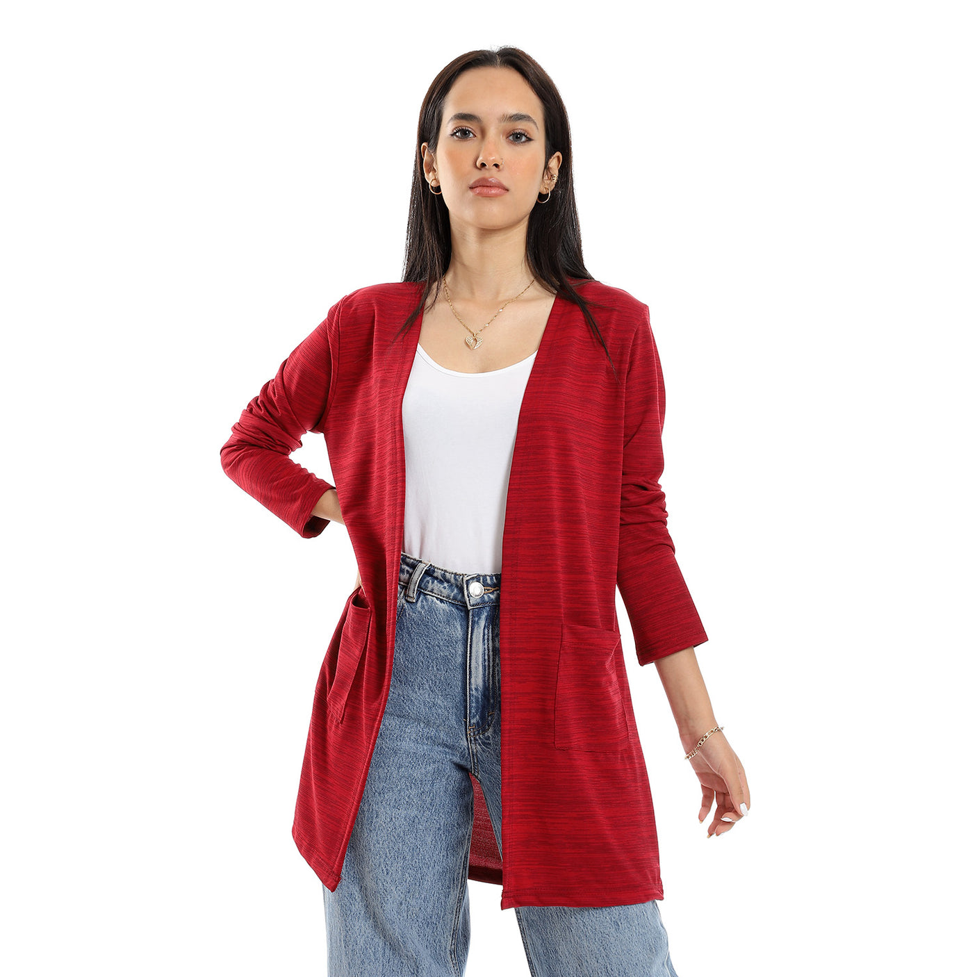 Red circle -  - Heather Maroon & Black Open Neckline Long Cardigan