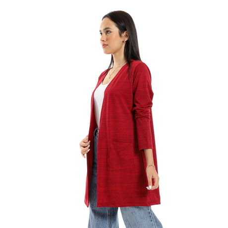 Red circle -  - Heather Maroon & Black Open Neckline Long Cardigan