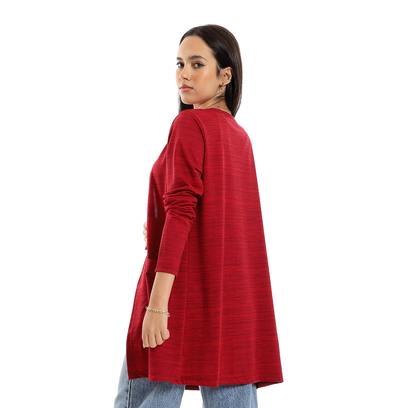 Red circle -  - Heather Maroon & Black Open Neckline Long Cardigan