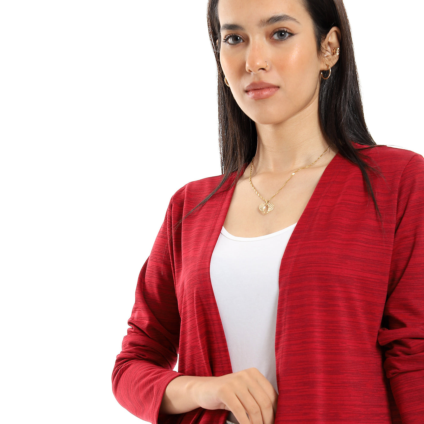 Red circle -  - Heather Maroon & Black Open Neckline Long Cardigan