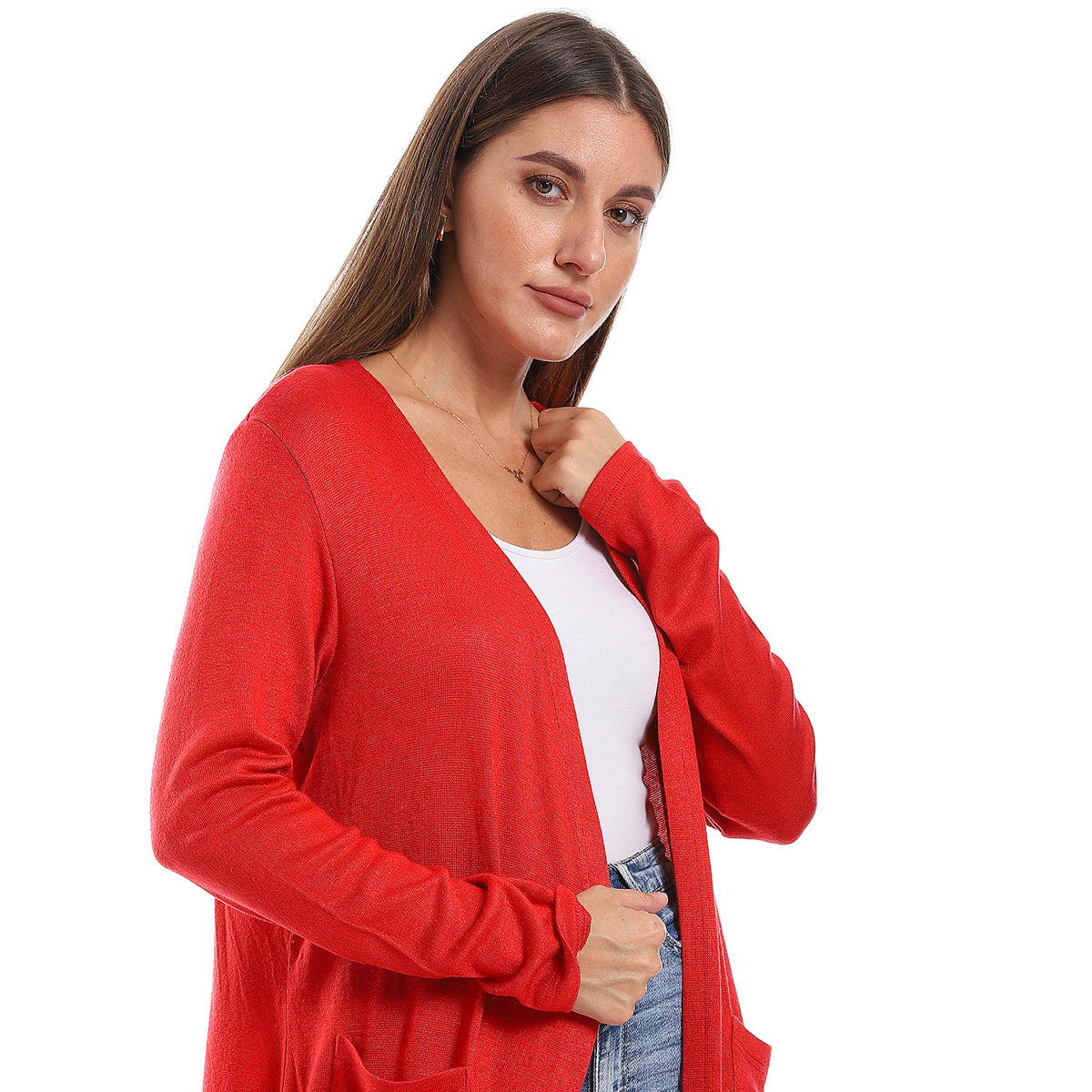 Red circle -  - Slip On Open Neckline Cardigan - Red
