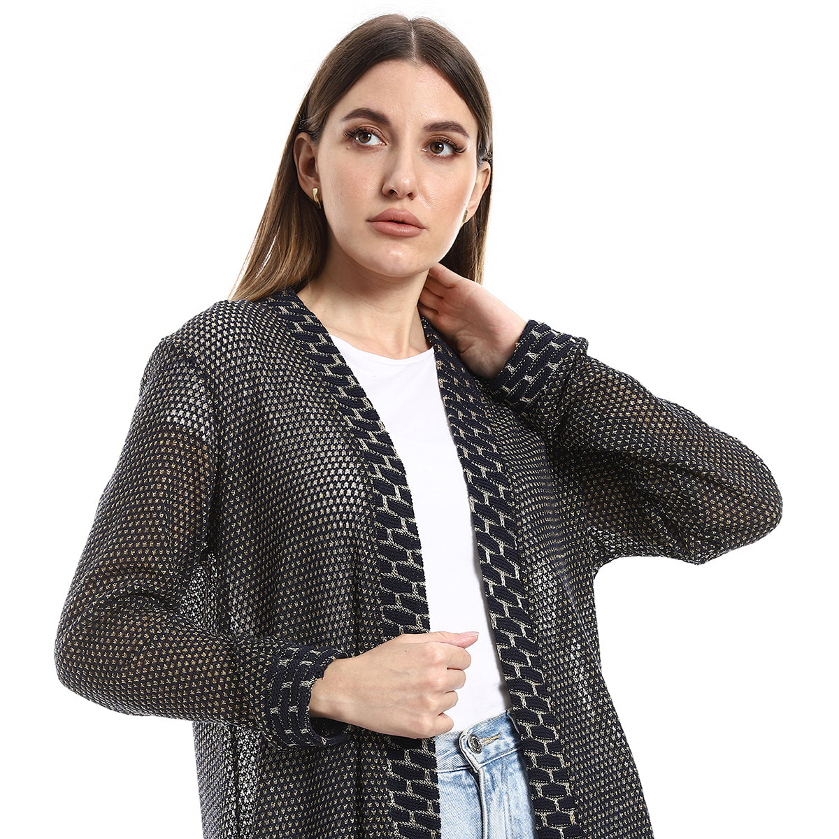 Red circle -  - Lace Up Three Quarter Sleeves Cardigan With Belt - Navy Blue