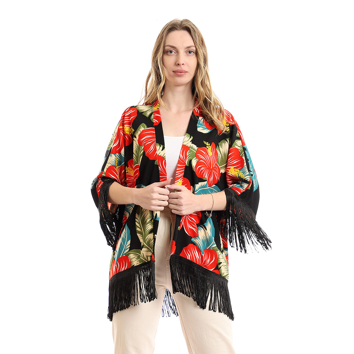 Red circle -  - Open cardigan with short sleeves and finger fringe
