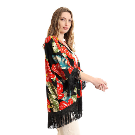 Red circle -  - Open cardigan with short sleeves and finger fringe