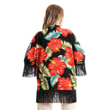 Red circle -  - Open cardigan with short sleeves and finger fringe