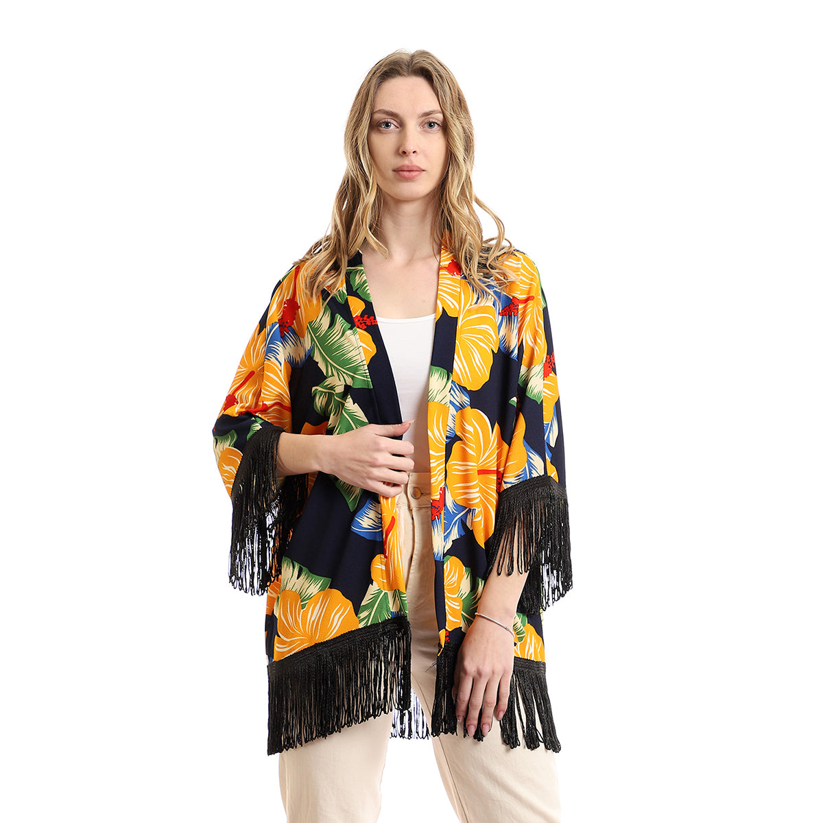 Red circle -  - Open cardigan with short sleeves and finger fringe