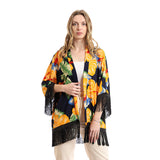Red circle -  - Open cardigan with short sleeves and finger fringe