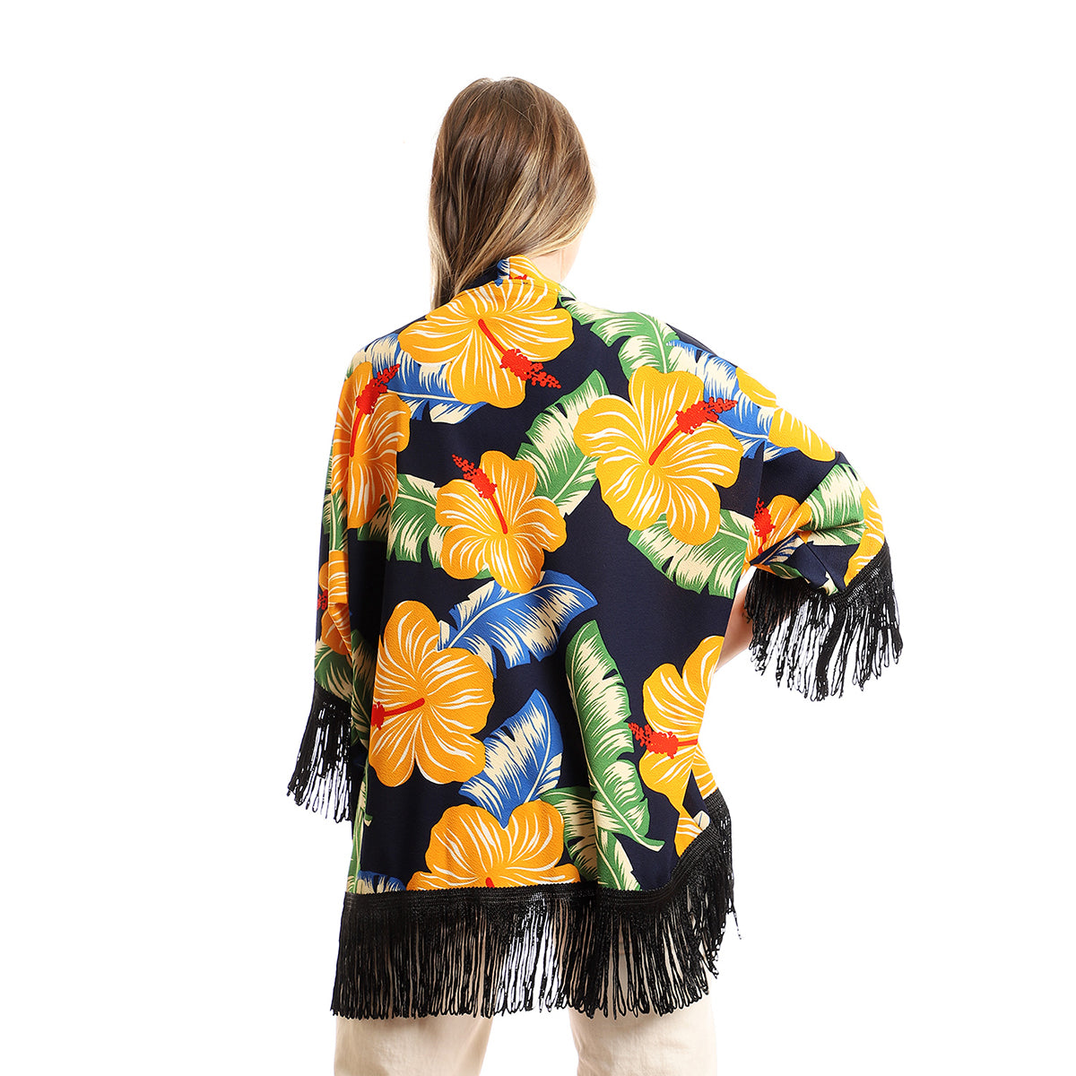 Red circle -  - Open cardigan with short sleeves and finger fringe