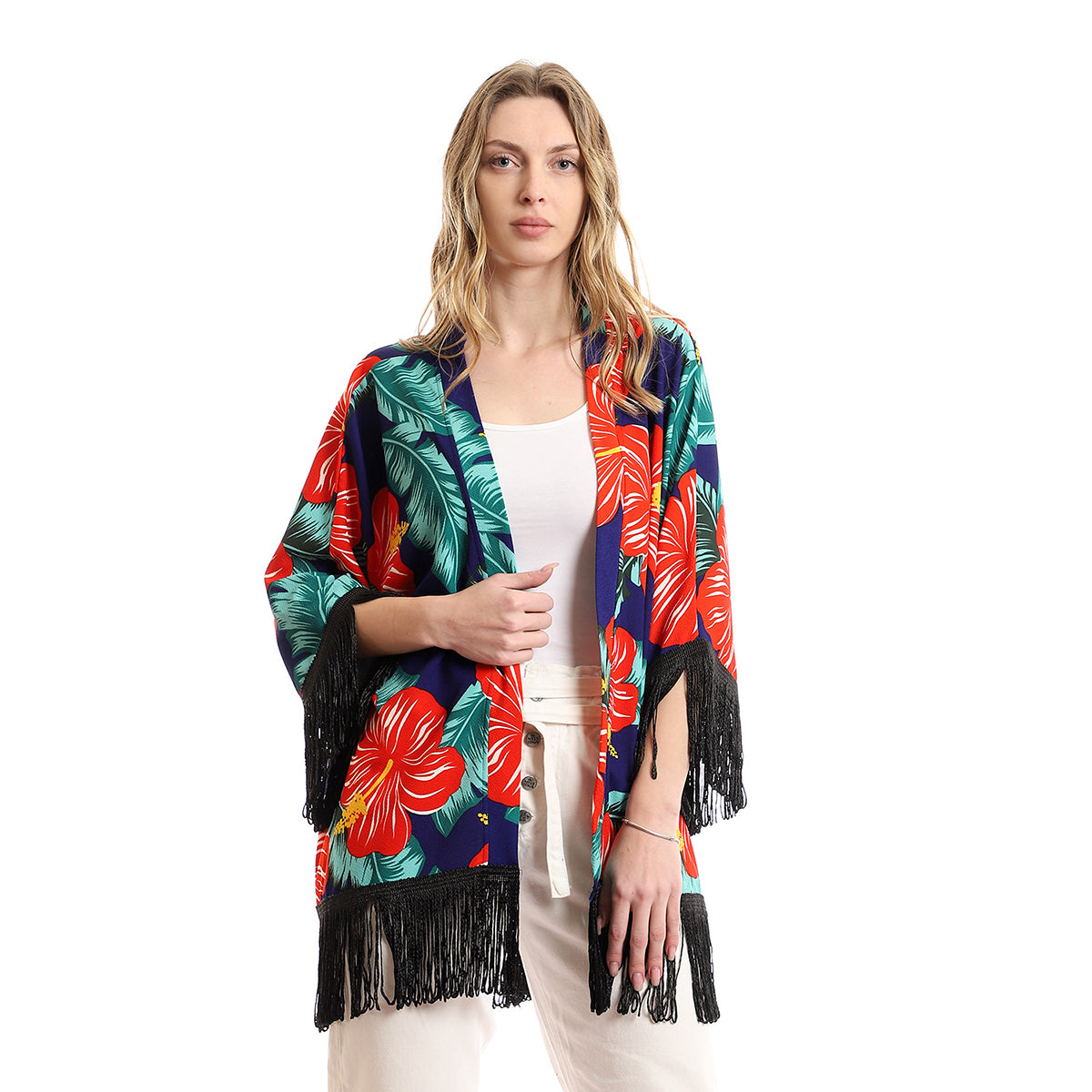 Red circle -  - Open cardigan with short sleeves and finger fringe