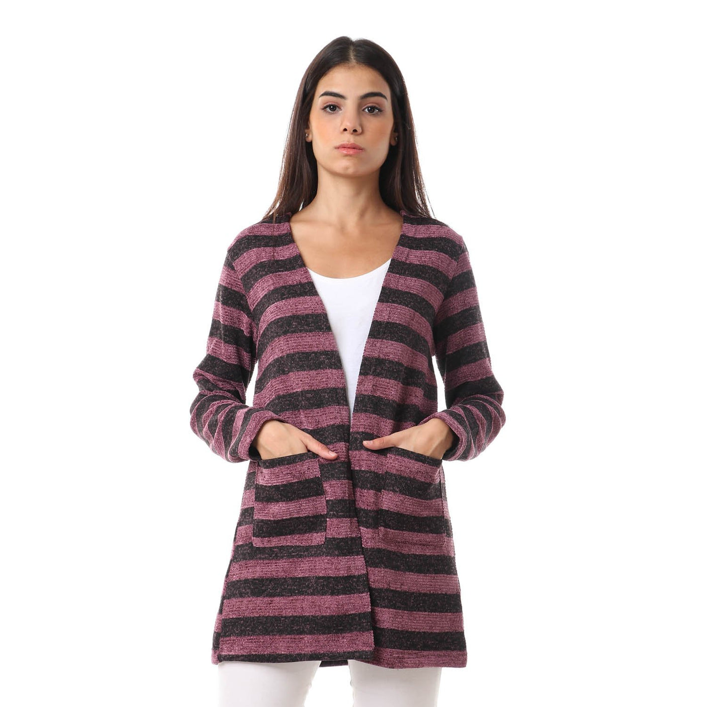 Red circle -  Wild Striped Cardigan With Pockets