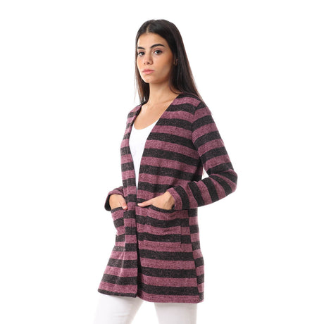 Red circle -  Wild Striped Cardigan With Pockets