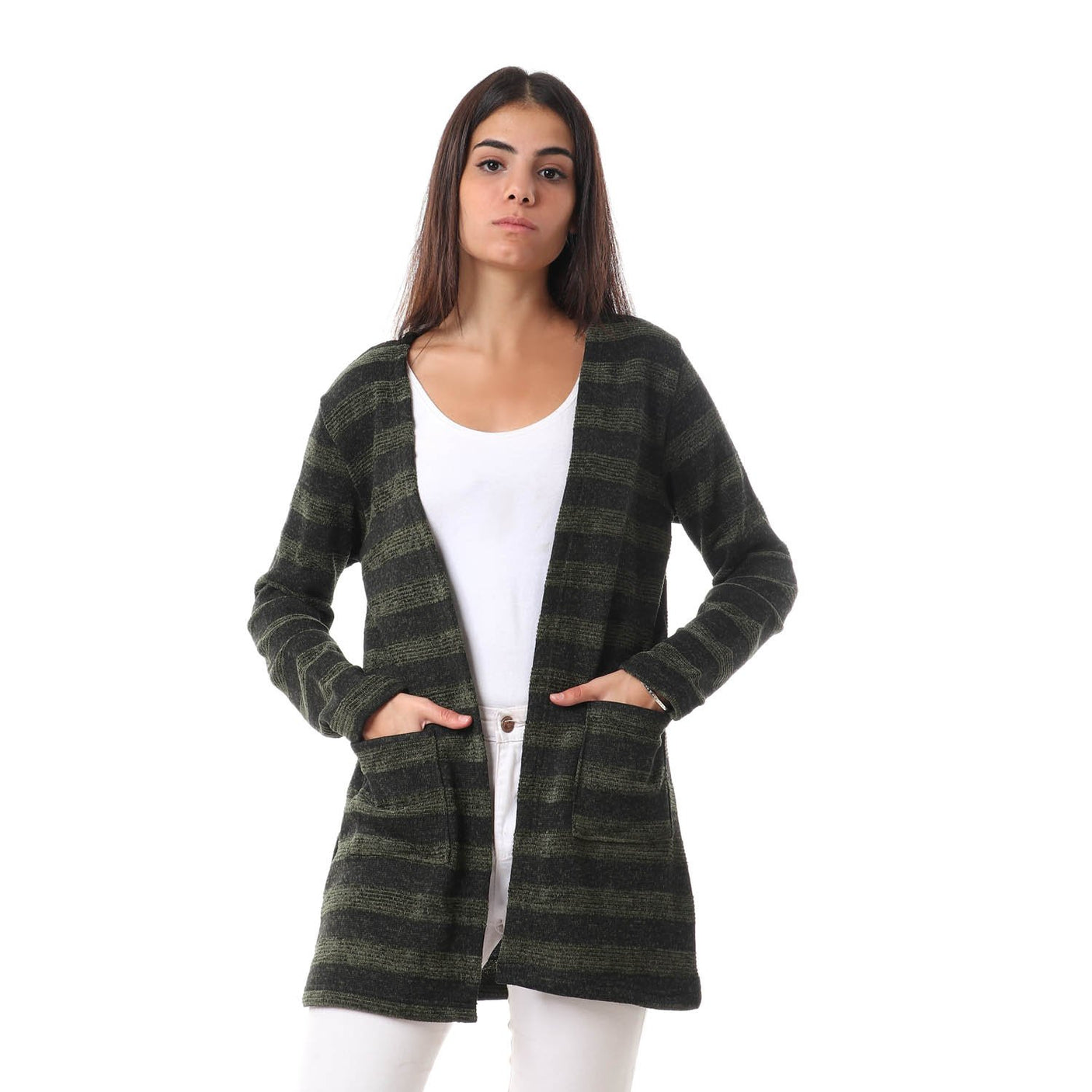 Red circle -  Wild Striped Cardigan With Pockets