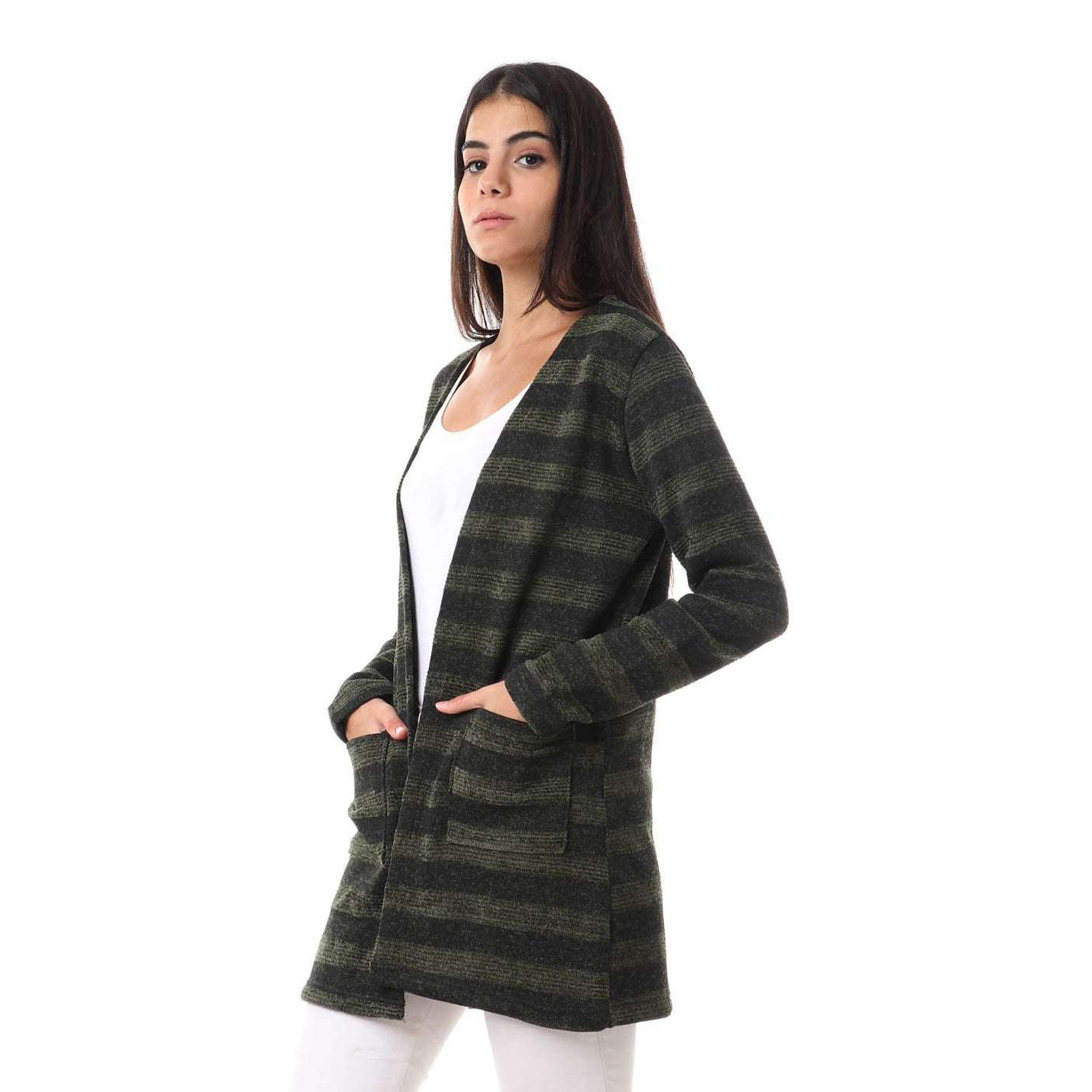 Red circle -  Wild Striped Cardigan With Pockets