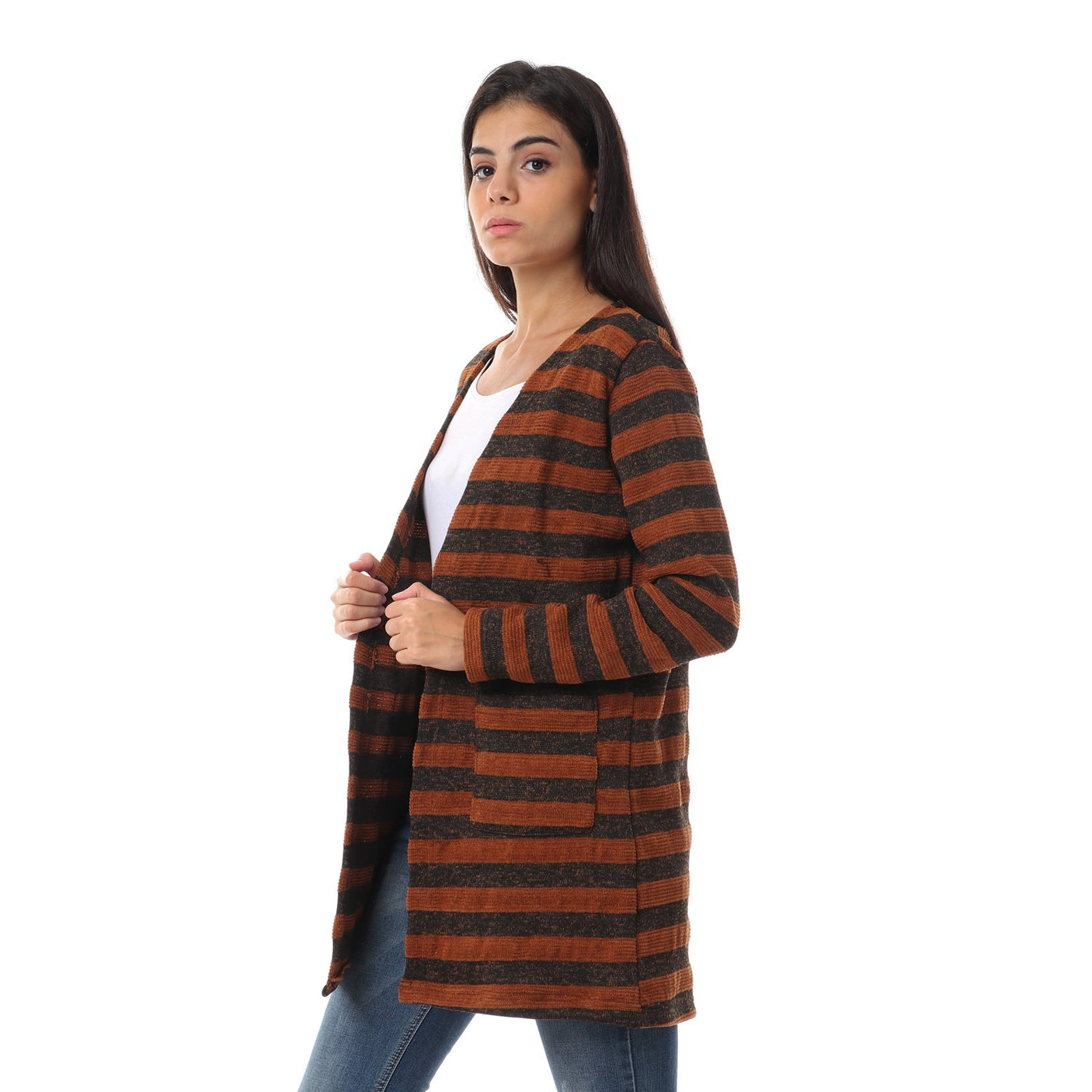 Red circle -  Wild Striped Cardigan With Pockets