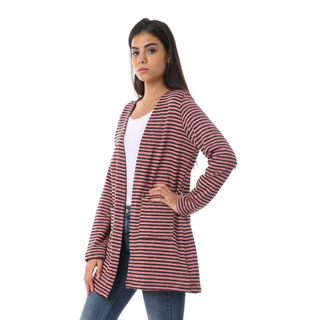Red circle -  - Bi-Tone Striped Slip On Cardigan - Multicolour Cashmere & Black