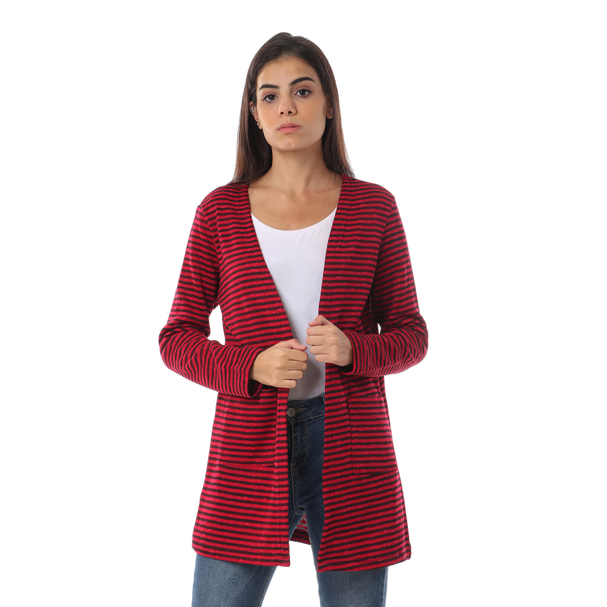 Red circle -  - Bi-Tone Striped Slip On Cardigan - Multicolour Cashmere & Black