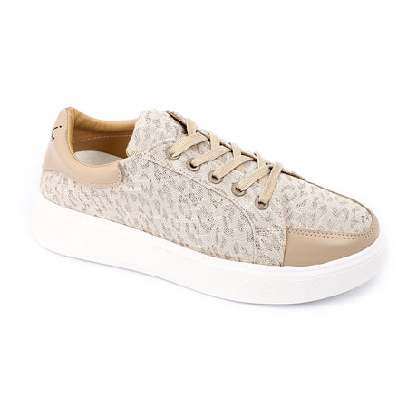 Mr. Joe - Tiger Print Gold, Biege & White Lace Up Platform Sneakers