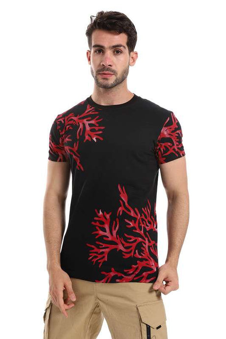 White Rabbit - Black & Red Coral Reef Printed Corners Slip On Tee For Men