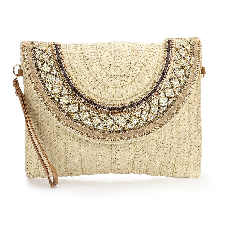 Mr Joe - Bohemian Straw and Beaded Clutch Bag with Wristlet Strap Beige -4156