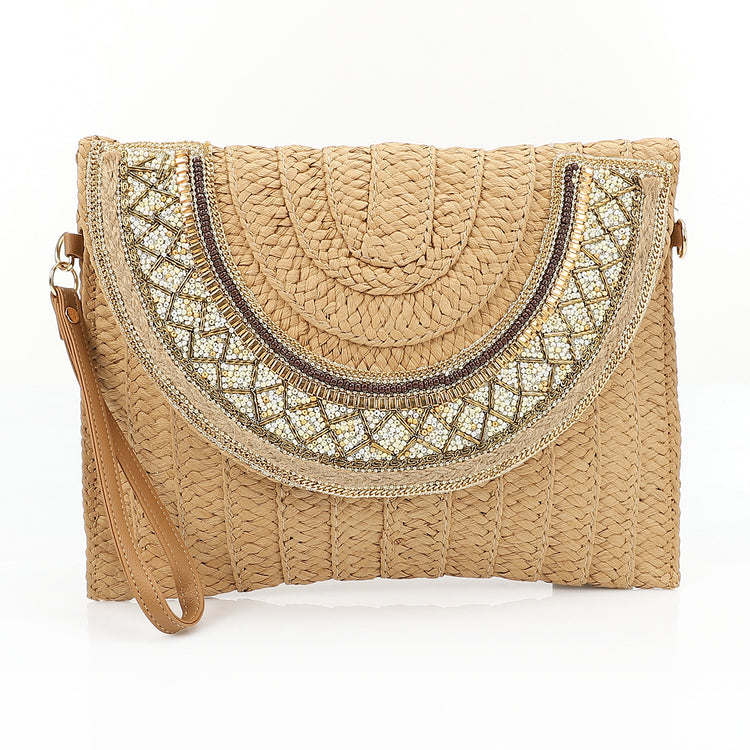 Mr Joe - Bohemian Straw and Beaded Clutch Bag with Wristlet Strap Beige -4156