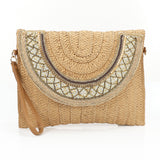 Mr Joe - Bohemian Straw and Beaded Clutch Bag with Wristlet Strap Beige -4156