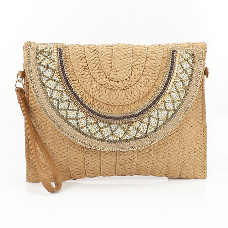 Mr Joe - Bohemian Straw and Beaded Clutch Bag with Wristlet Strap Beige -4156