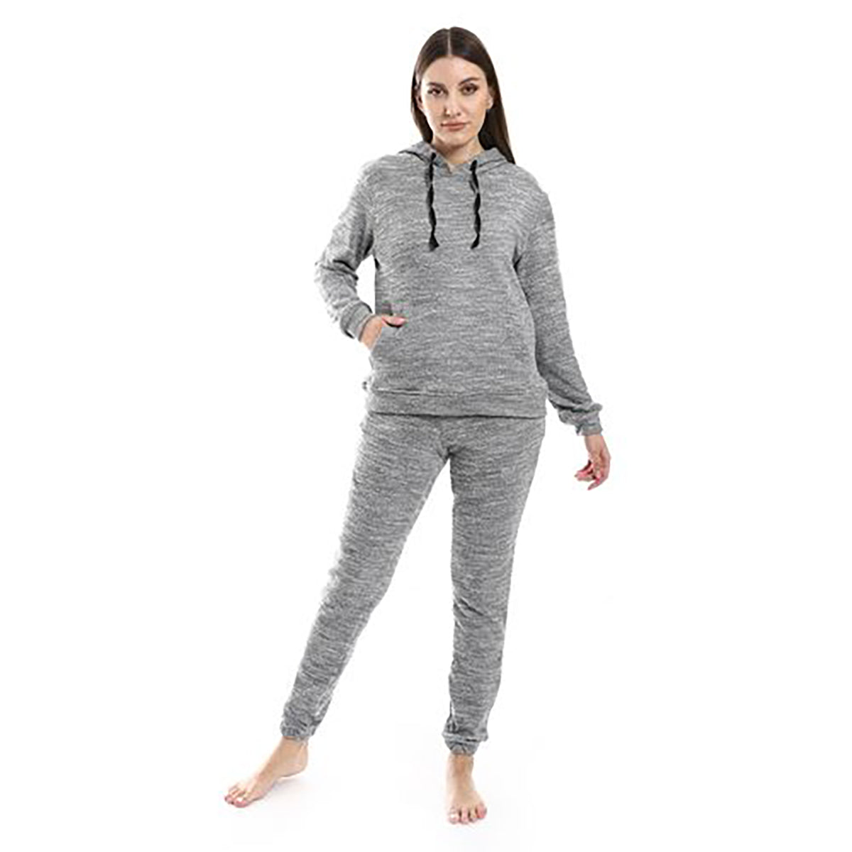 Red circle -  - Kangaroo Pockets Heather Grey Hooded Pajama Set