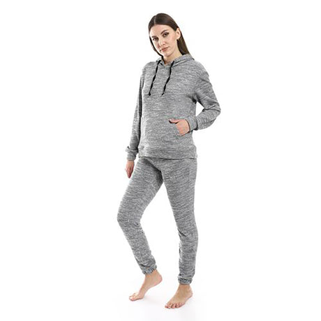 Red circle -  - Kangaroo Pockets Heather Grey Hooded Pajama Set