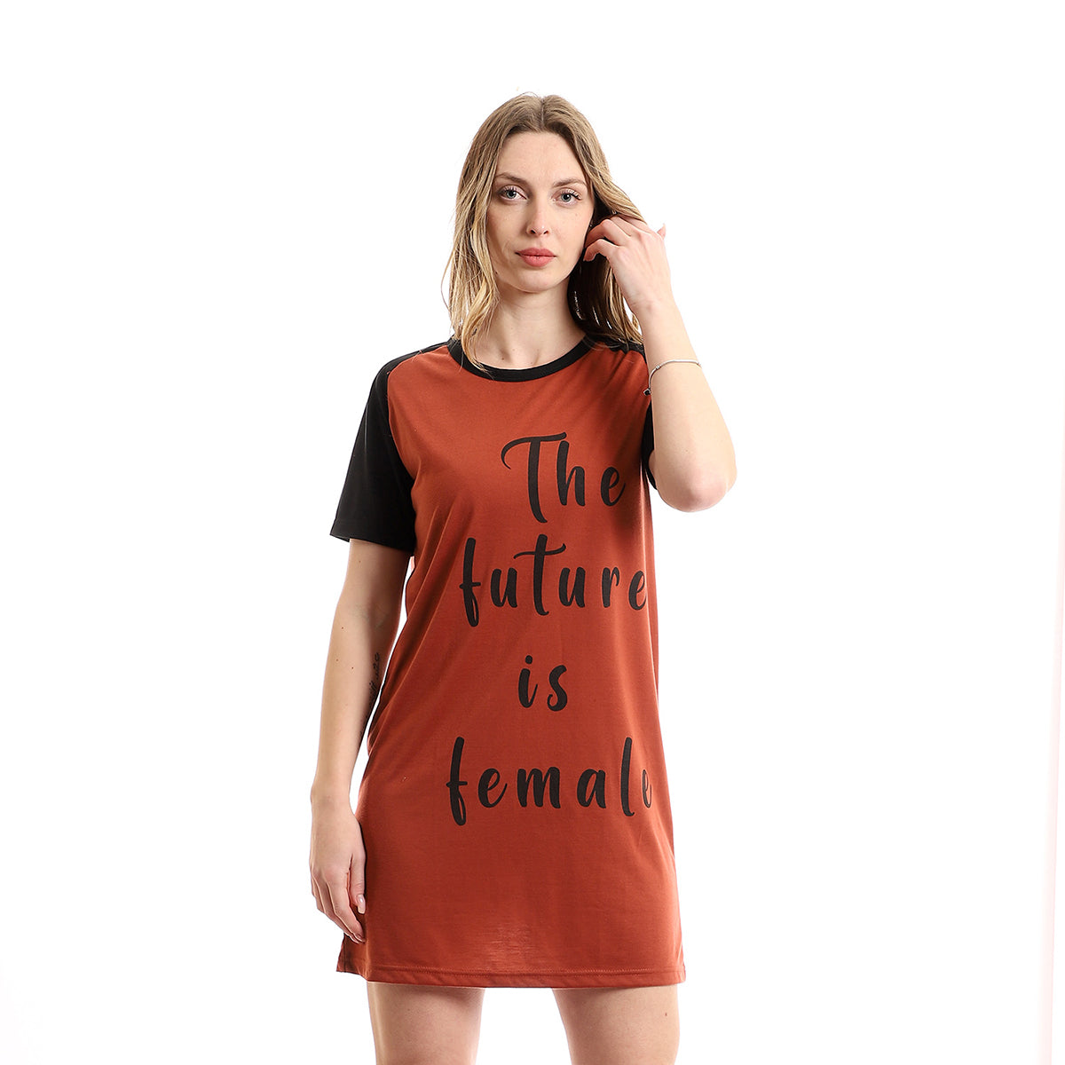 Red circle -  - Bi-Tone Short Sleeves Printed Short Sleepshirt - Burnt Orange & Black