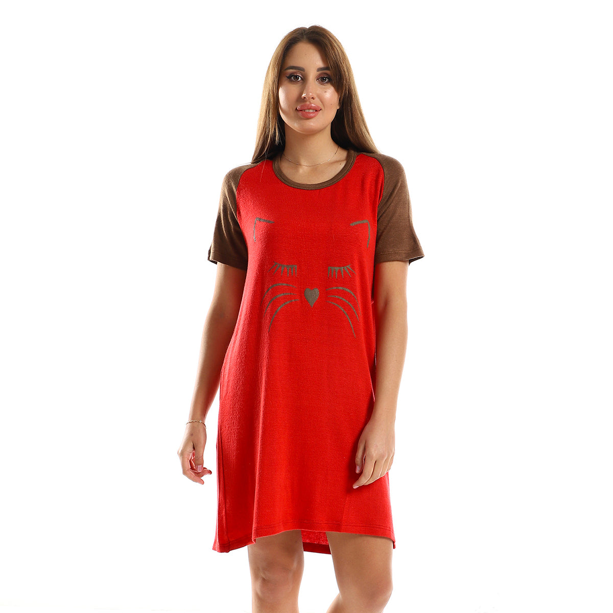 Red circle -  - Printed Sleeping Cat Face Heather Orange & Brown Sleepshirt