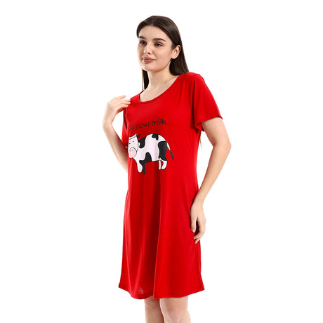 Red circle -  - Chest Cow Printed Red Comfy Sleepshirt