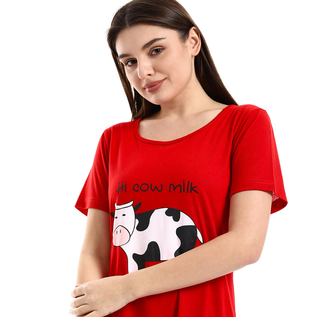 Red circle -  - Chest Cow Printed Red Comfy Sleepshirt