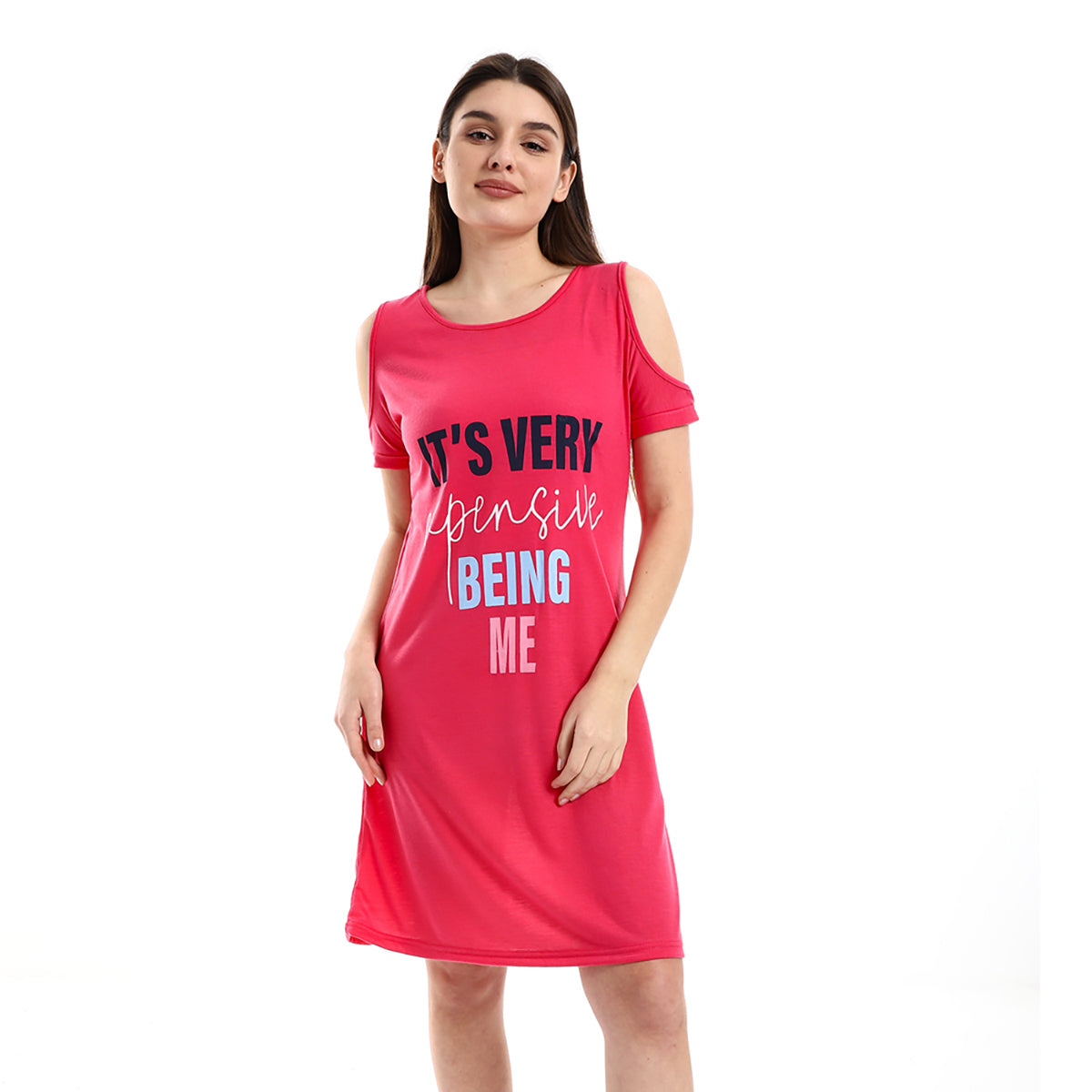 Red circle -  - Cold Shoulders Slip On Printed Sleepshirt - Fuchsia