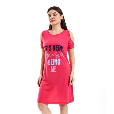 Red circle -  - Cold Shoulders Slip On Printed Sleepshirt - Fuchsia